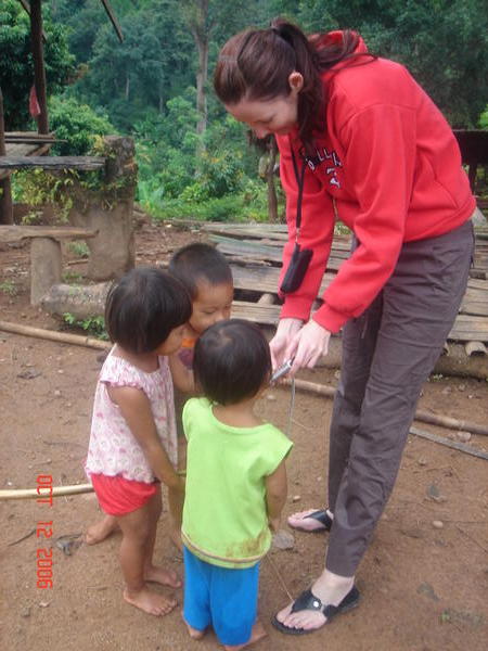 Lesley giving gifts to the Lahu children