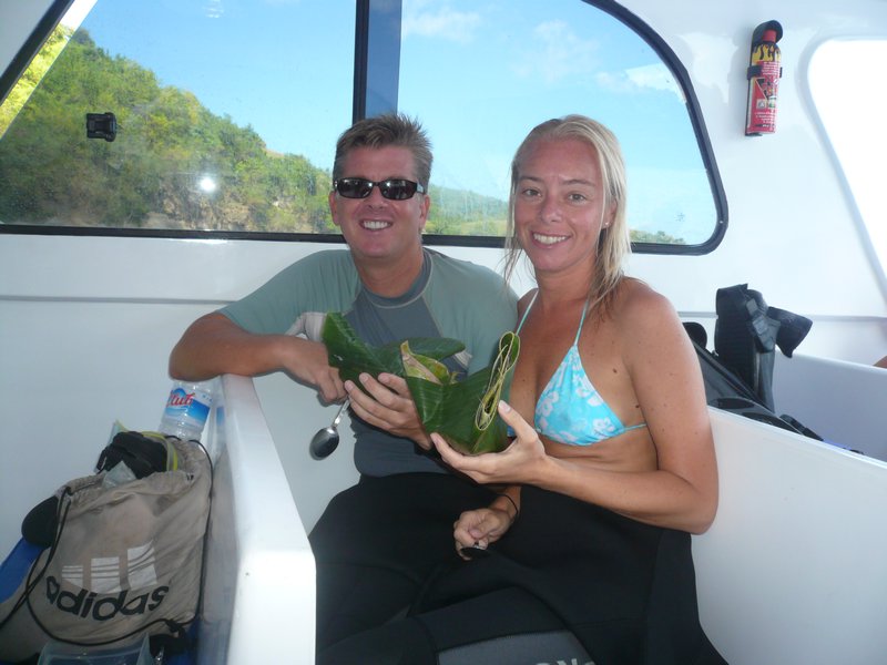 Lunch packed in a banana leaf on the dive trip