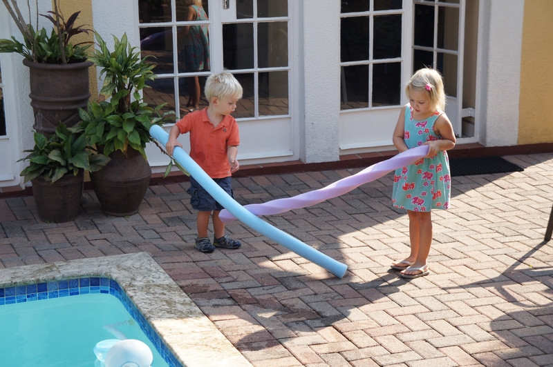 Sword fight with the pool noodles that the owner lent to them