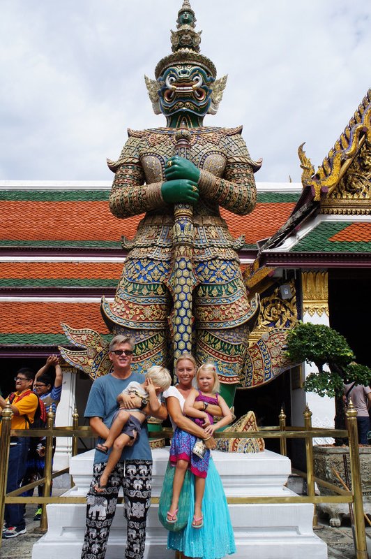 Well, we tried to get a family photo with a guardian of the Grand Palace!