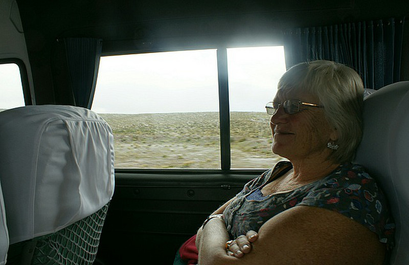 Liz enjoying the minibus ride
