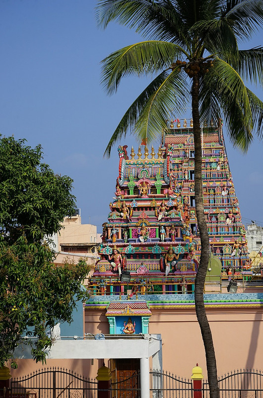 Gopuras at temple opposite Pondicherry hotel