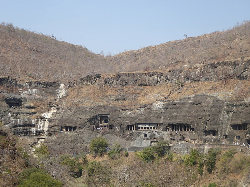 the Ajanta caves strung out along the valley