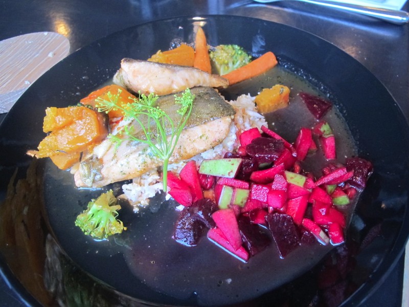 Delicious perch with roasted veggies and a beet and apple salad