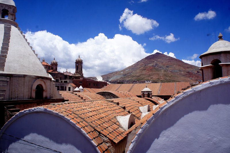 Potosi rooftops with silver mine mountain in background