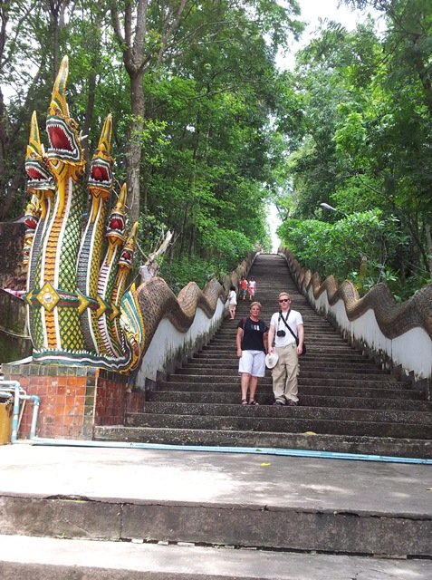 On steps of temple in Mae Salong