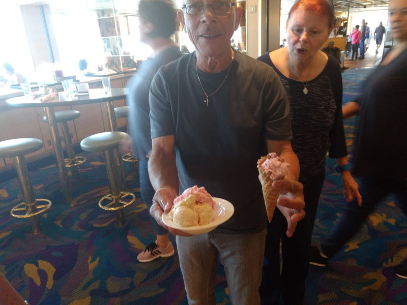 A priceless moment - a look of dismay from a guest as Norm's ice cream topples over. 