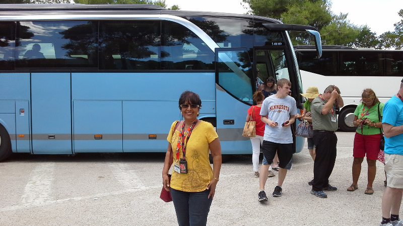 Disembarking our luxury coach in Corinth.
