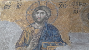 Uncovered for exhibition only, icon of Jeus surrounded by gold mosaic.