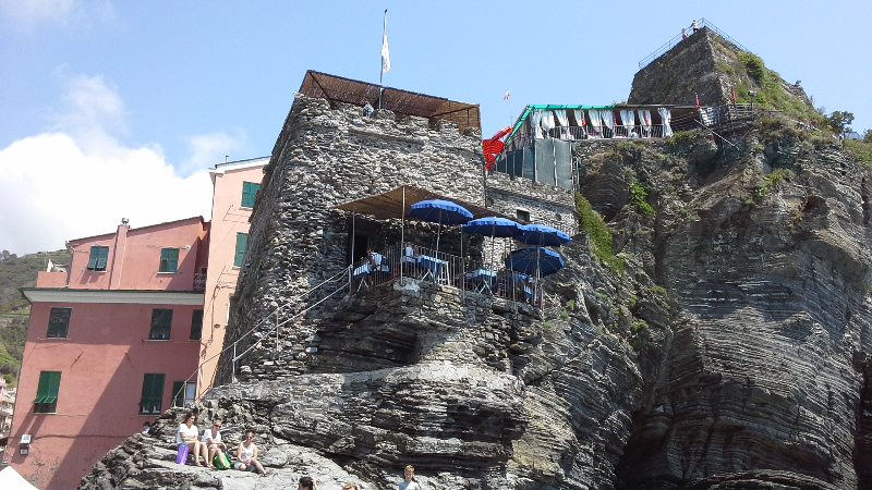 Restaurant perched on the cliff in Vernazza.