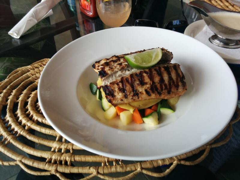 Grilled Dorado on a bed of sweet potato and vegetables - delectable!