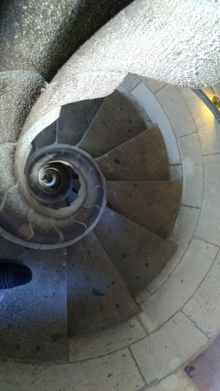 Looking down inside the spiral staircase.