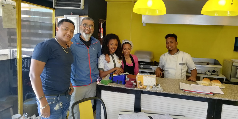 With the owner and staff at our favourite eating spot in Addis Ababa