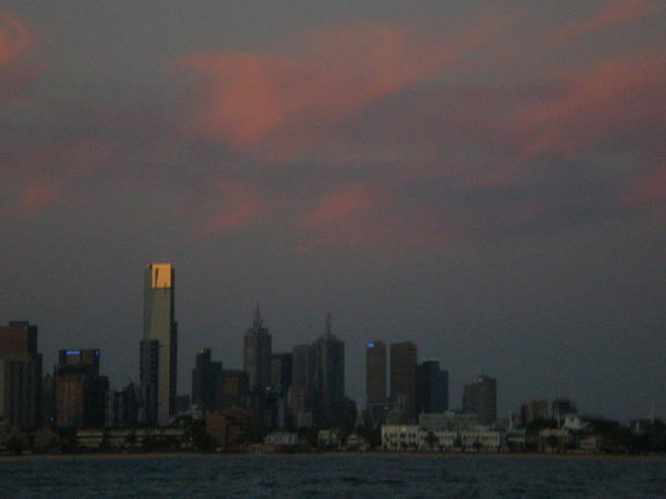 Melbourne skyline at dusk from St Kilda