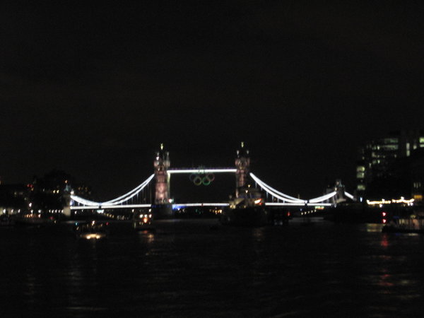 The Tower Bridge lit up with the Olympic Rings