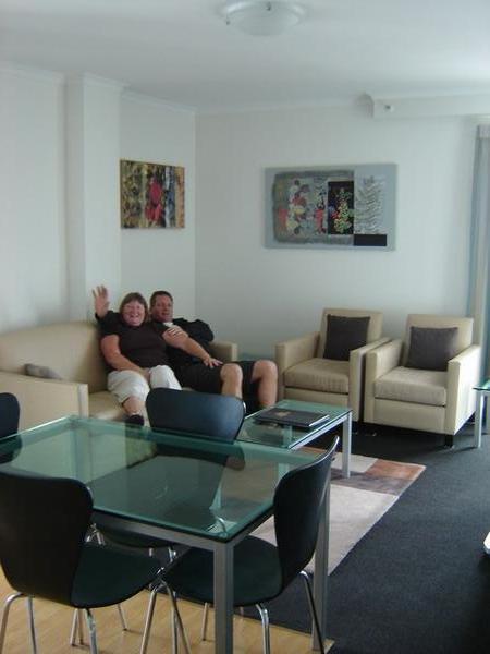 Pete and Gee in the executive apartment, central Perth