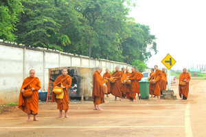 Monks ready to recieve morning alms