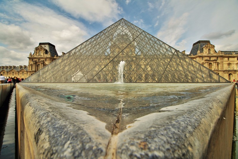 The Louvre Museum Glass Pyramid and the Fountains.