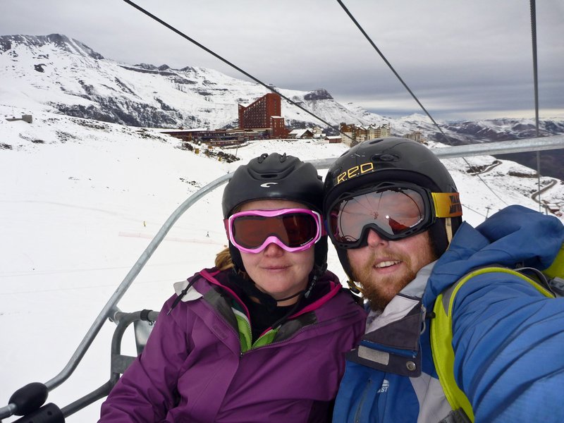 Us on the lift with Valle Nevado in the background.