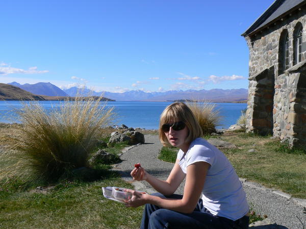 Enjoying a fruity snack at the Church of The Good Shepherd, Lake Tekapo