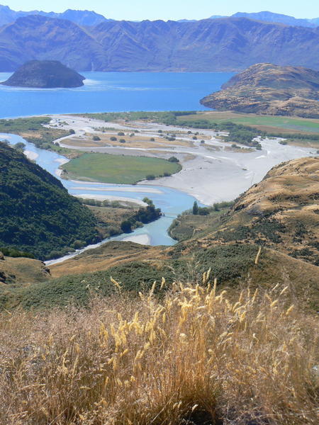 Looking down on what i think is the mouth of the Matukituki River flowing into Lake Wanaka