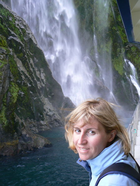 Jo-Ann and wone of Milford's great waterfalls