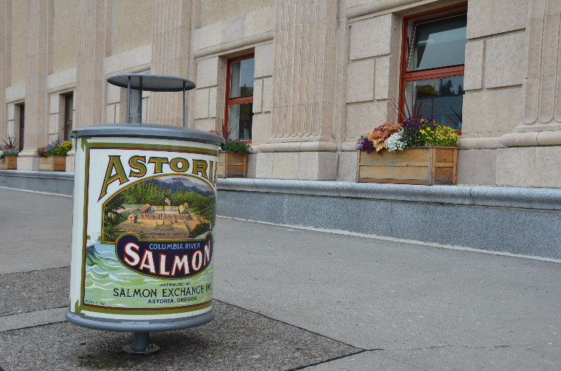 Dustbins like fish cans outside City Hall, Astoria
