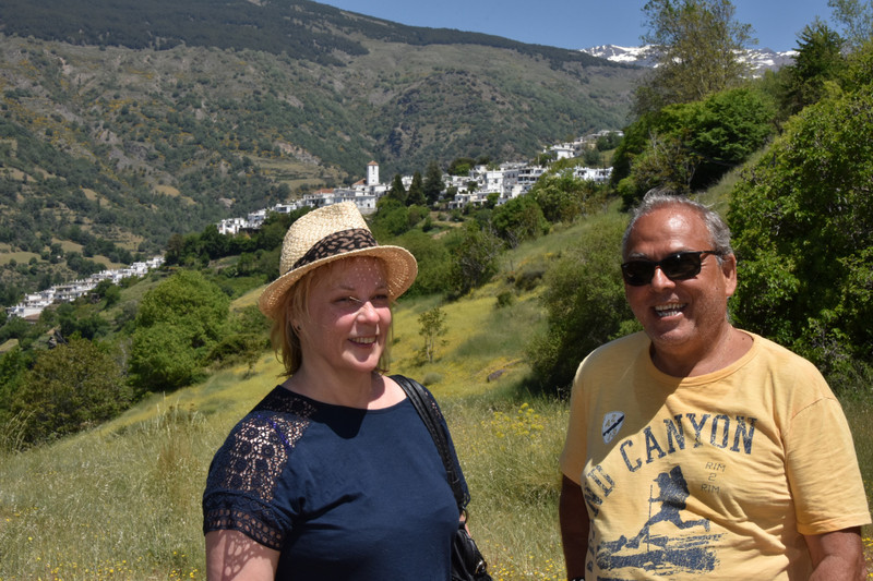 With Carol on our hike in Las Alpujarras, with pretty Bubion & the snow covered mountains of the Sierra Nevada in the background.