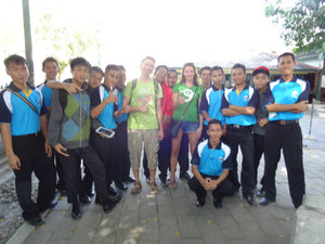 posing with eager English students