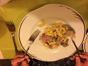 Spatzelle with fresh mushooms, pork mediallions, mushroom gravy and covered in cheese