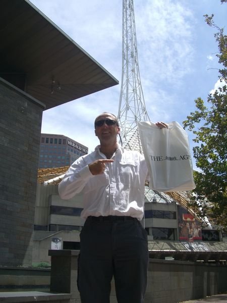 James in Melbourne ready to sprout wings and fly over the Yarra River !