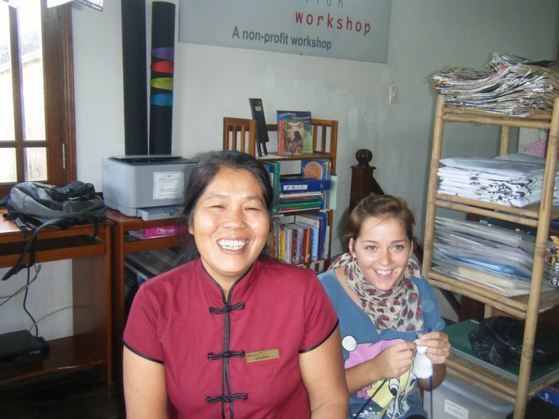 Miss Luong the magnificent knitting teacher with Pia the pupil.  