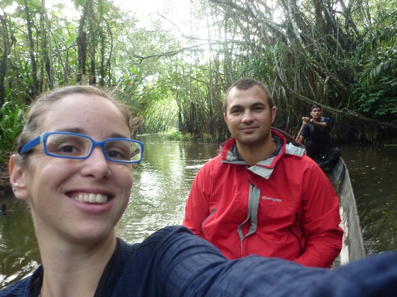 In a dug out canoe. Can you spot our Guide Humberto at the back?