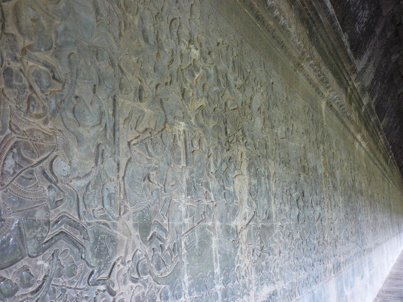 One of the large carvings along the outside of Angkor Wat