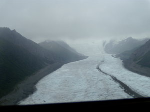 Kennicott Glacier from the air in the rain 