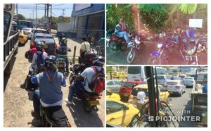 More motorcycles, taxi stand area, bad traffic 