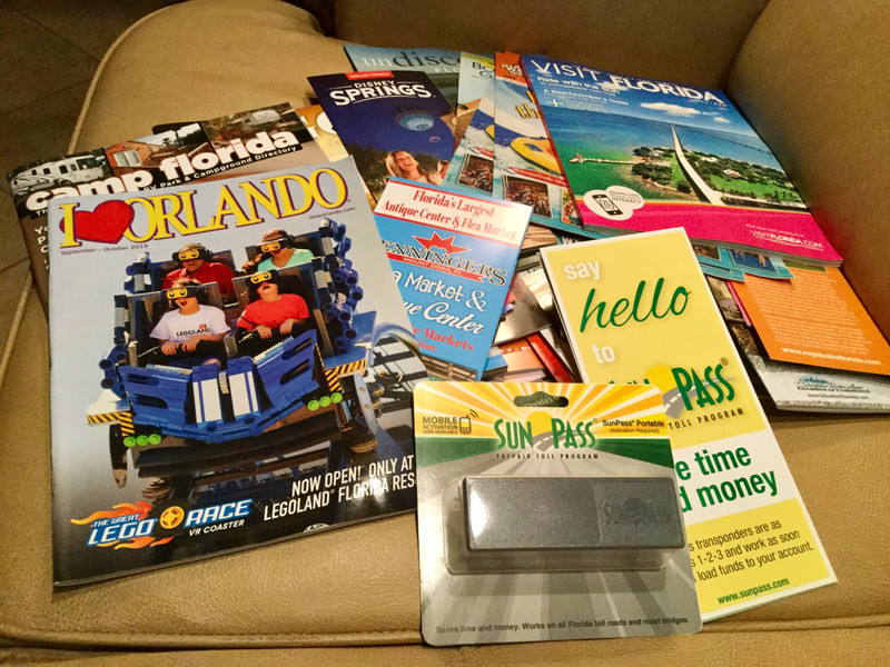 Many brochures and Sunpass from Welcome Center 