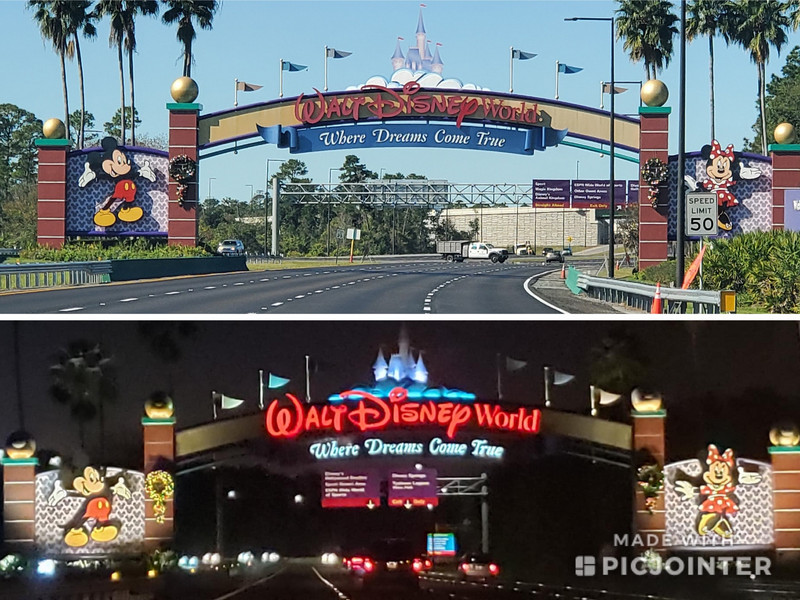 Entrance to Disneyworld- day and night