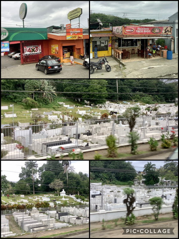 Businesses and packed cemetery 