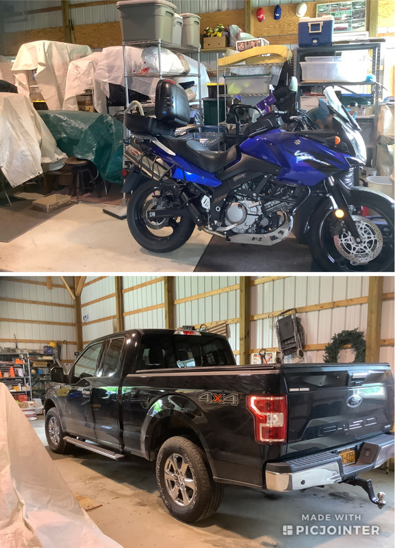 Areas inside the polebarn. Cory’s truck and son, Cory’s, motorcycle 