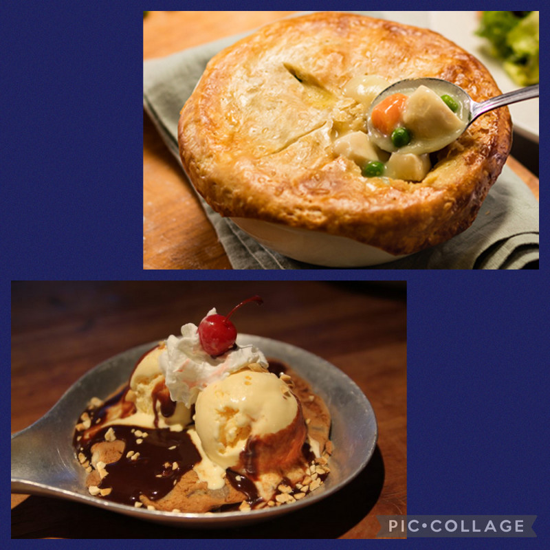 Cheddars: pot pie and monster cookie desert 