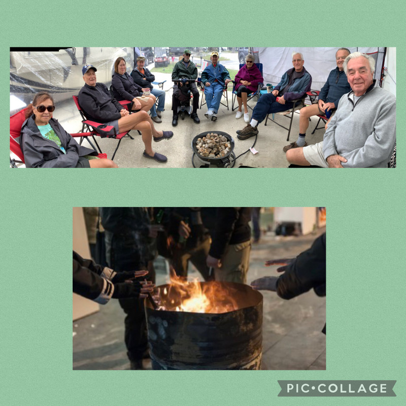 Coffee group around the fire pit