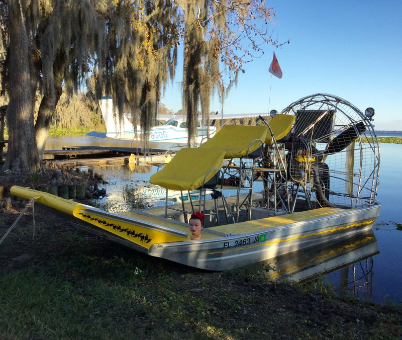 Lulu rides on front of air boat
