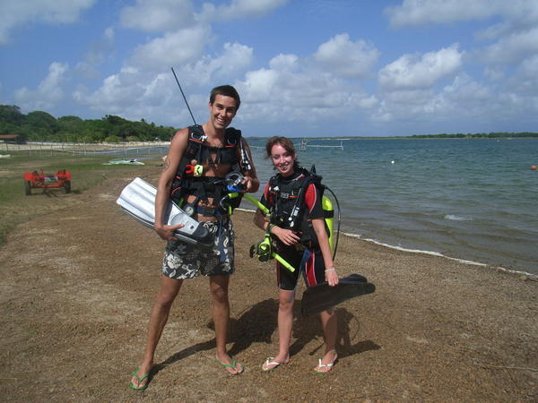 Little and Large...getting ready for their first dive in Lagoa da Bonfim