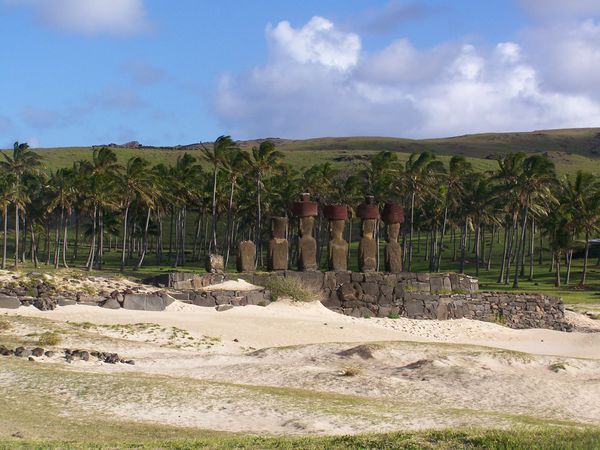 Anakena, beach view of the maois facing inland
