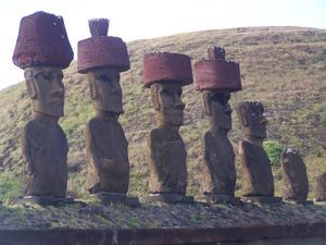 Easter Island: Moai statues "Ahu Nau Nau" on the beach at Anakena