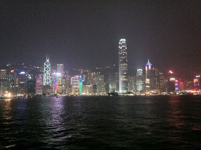 Night skyline with beers from the Tsim Sha Tsui harbour