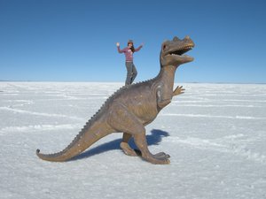 Emma tames a T-Rex in the middle of the salt flats