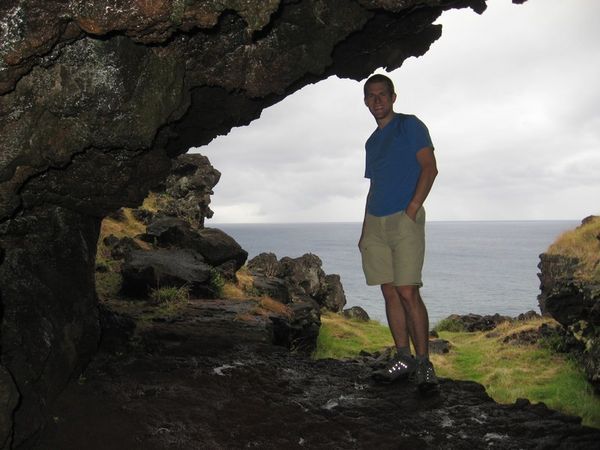 Exploring a cave north of Hanga Roa