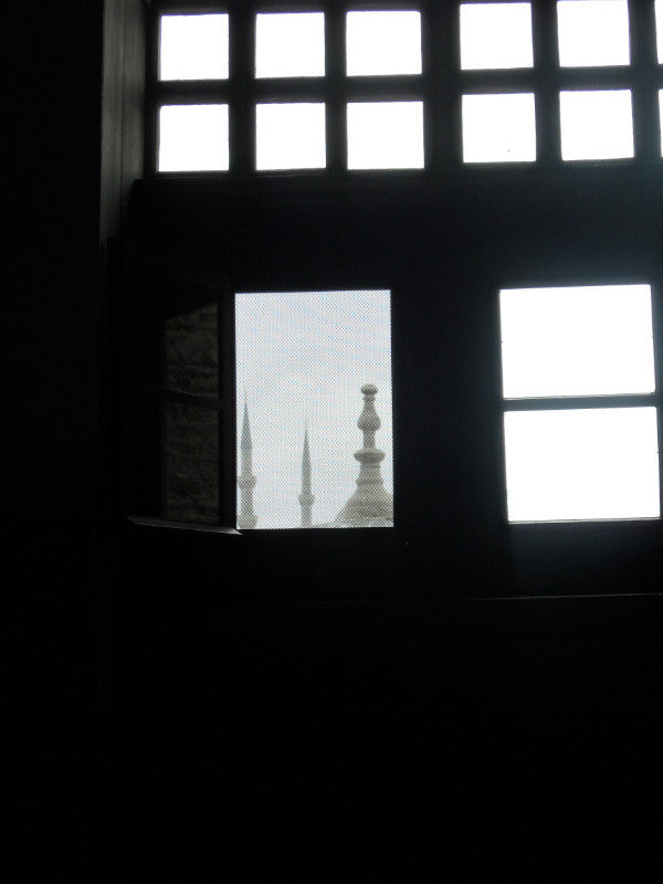 Blue Mosque minarets from inside the Hagia Sophia